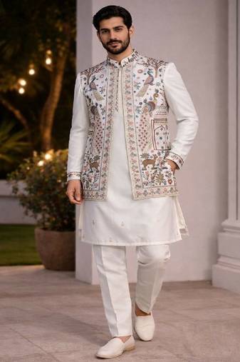 mens modi jacket with embridery work kurta pajama