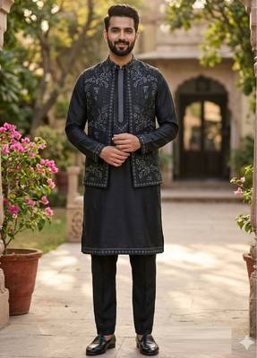 mens modi jacket with embridery work kurta pajama 1