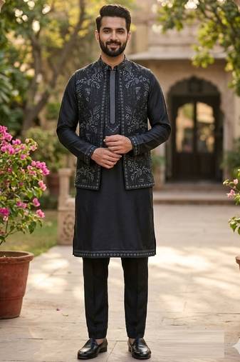 mens modi jacket with embridery work kurta pajama
