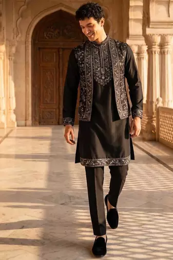 mens modi jacket with embridery work kurta pajama