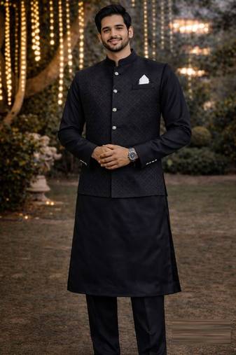 jacquard mens modi jacket with weaving work kurta pajama
