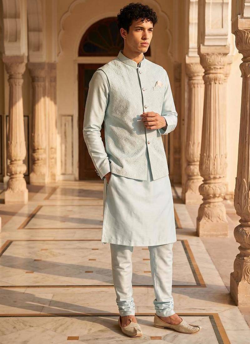 jacquard mens modi jacket with weaving work kurta pajama