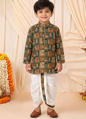 Boys rust brown folk art print kurta & dhoti set 1