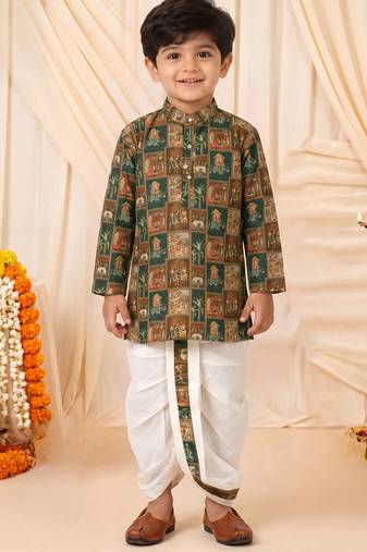 Boys rust brown folk art print kurta & dhoti set