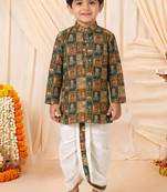 Boys rust brown folk art print kurta & dhoti set