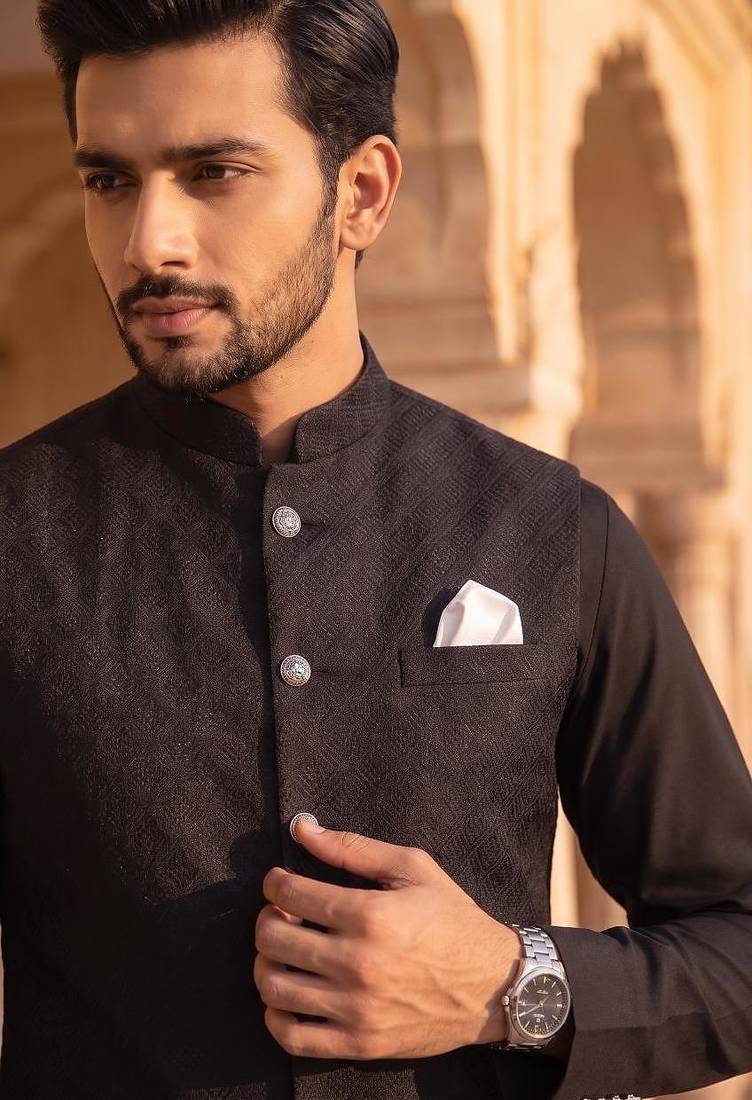 jacquard mens modi jacket with weaving work kurta pajama