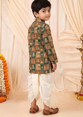Boys rust brown folk art print kurta & dhoti set 3