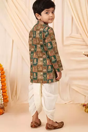 Boys rust brown folk art print kurta & dhoti set