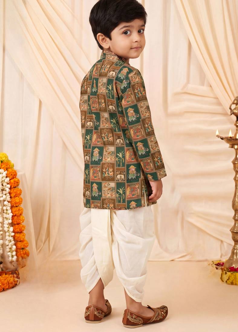 Boys rust brown folk art print kurta & dhoti set