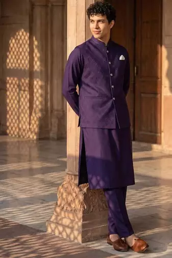 jacquard mens modi jacket with weaving work kurta pajama