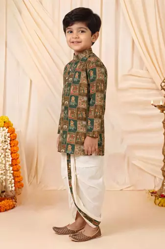 Boys rust brown folk art print kurta & dhoti set