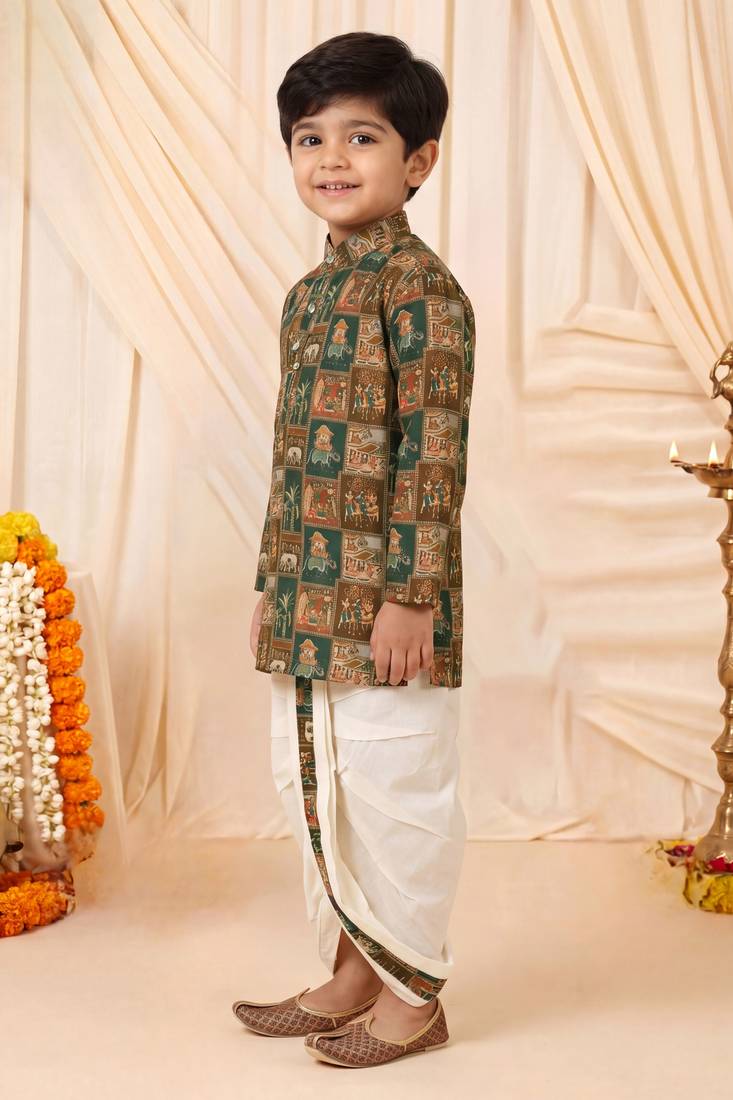 Boys rust brown folk art print kurta & dhoti set