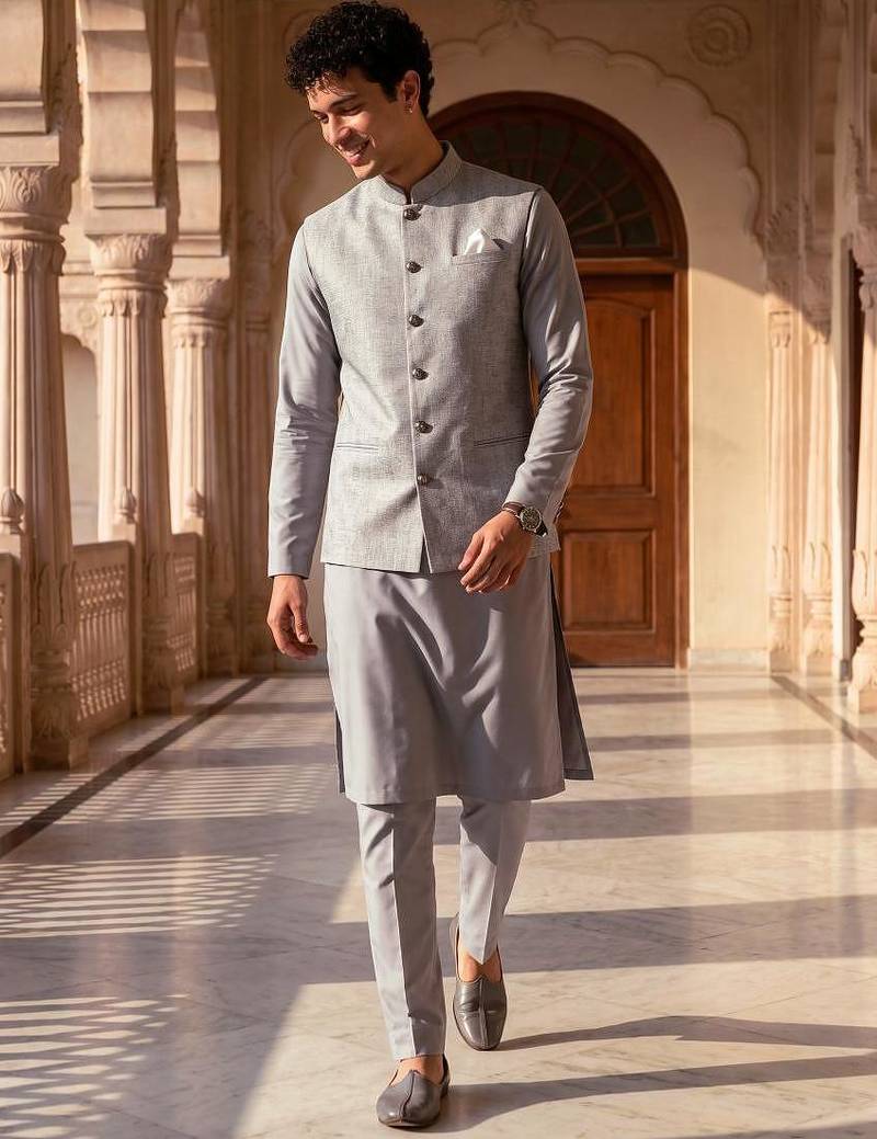 jacquard mens modi jacket with weaving work kurta pajama
