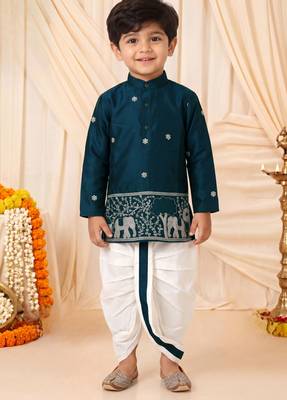 Boys peacock blue satin elephant border embroidered & beaded kurta dhoti set 1