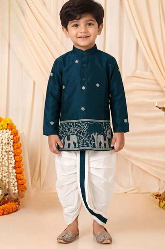Boys peacock blue satin elephant border embroidered & beaded kurta dhoti set