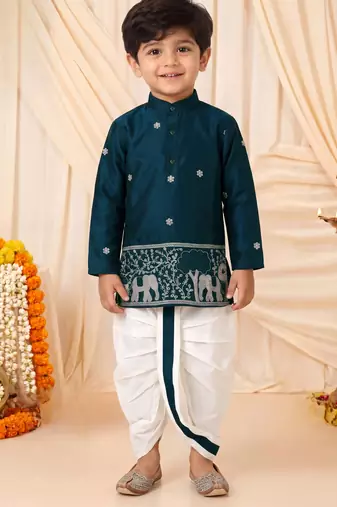 Boys peacock blue satin elephant border embroidered & beaded kurta dhoti set