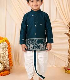 Boys peacock blue satin elephant border embroidered & beaded kurta dhoti set