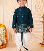 Boys peacock blue satin elephant border embroidered & beaded kurta dhoti set