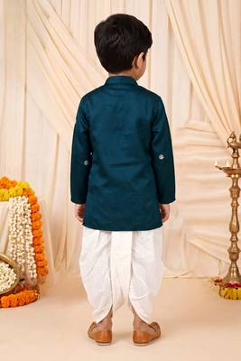 Boys peacock blue satin elephant border embroidered & beaded kurta dhoti set 2