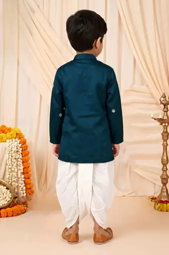 Boys peacock blue satin elephant border embroidered & beaded kurta dhoti set