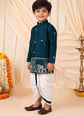 Boys peacock blue satin elephant border embroidered & beaded kurta dhoti set 3