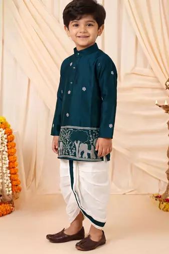 Boys peacock blue satin elephant border embroidered & beaded kurta dhoti set