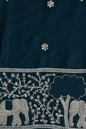 Boys peacock blue satin elephant border embroidered & beaded kurta dhoti set