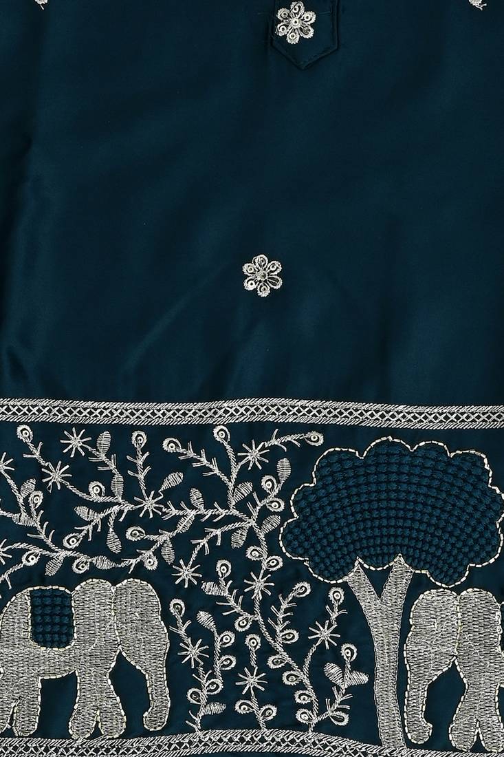 Boys peacock blue satin elephant border embroidered & beaded kurta dhoti set