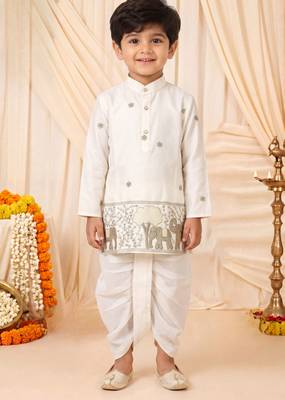 Boys off white satin elephant border embroidered & beaded kurta dhoti set 1