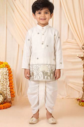 Boys off white satin elephant border embroidered & beaded kurta dhoti set