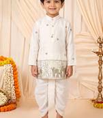 Boys off white satin elephant border embroidered & beaded kurta dhoti set