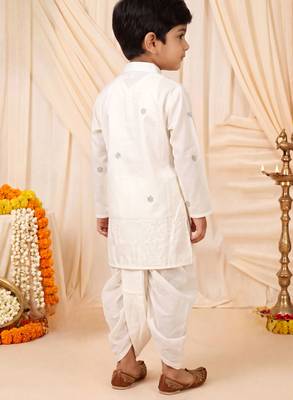 Boys off white satin elephant border embroidered & beaded kurta dhoti set 2
