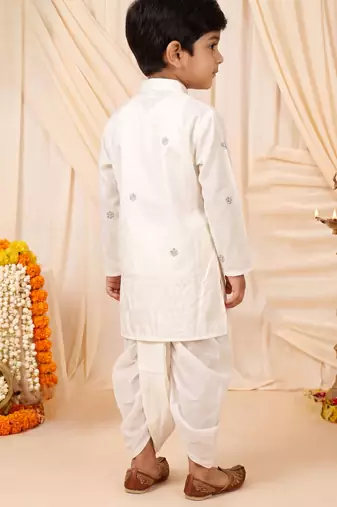 Boys off white satin elephant border embroidered & beaded kurta dhoti set