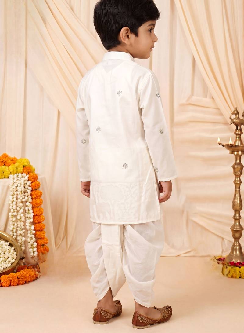 Boys off white satin elephant border embroidered & beaded kurta dhoti set