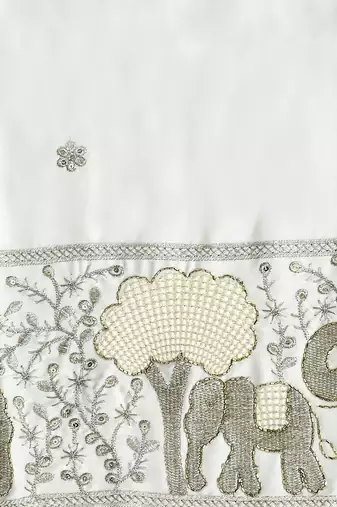 Boys off white satin elephant border embroidered & beaded kurta dhoti set