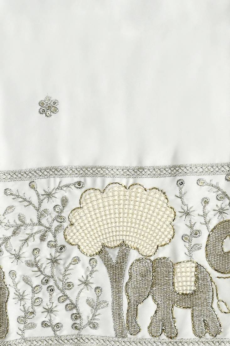 Boys off white satin elephant border embroidered & beaded kurta dhoti set