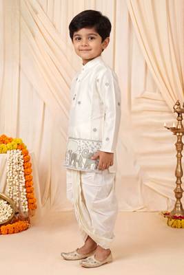 Boys off white satin elephant border embroidered & beaded kurta dhoti set 4