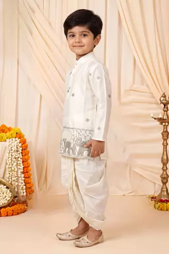 Boys off white satin elephant border embroidered & beaded kurta dhoti set