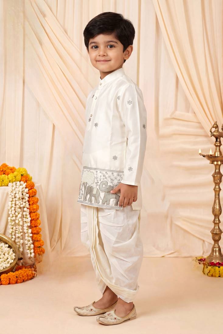Boys off white satin elephant border embroidered & beaded kurta dhoti set