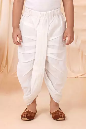 Boys off white satin elephant border embroidered & beaded kurta dhoti set