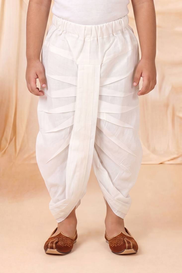 Boys off white satin elephant border embroidered & beaded kurta dhoti set