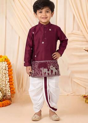 Boys wine satin elephant border embroidered & beaded kurta dhoti set 1