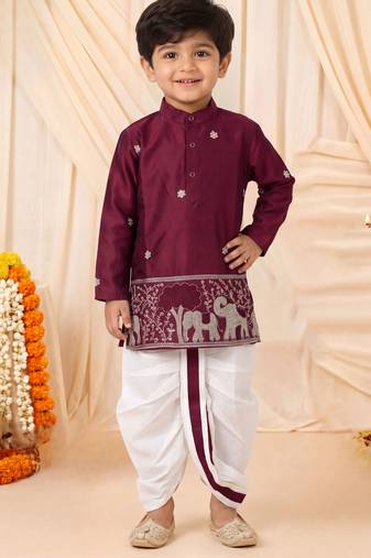 Boys wine satin elephant border embroidered & beaded kurta dhoti set