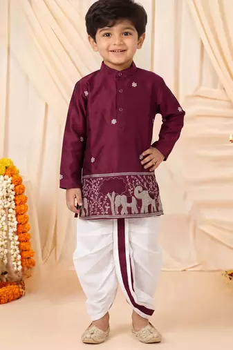 Boys wine satin elephant border embroidered & beaded kurta dhoti set