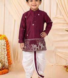 Boys wine satin elephant border embroidered & beaded kurta dhoti set
