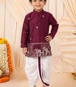 Boys wine satin elephant border embroidered & beaded kurta dhoti set
