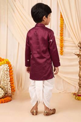 Boys wine satin elephant border embroidered & beaded kurta dhoti set 2