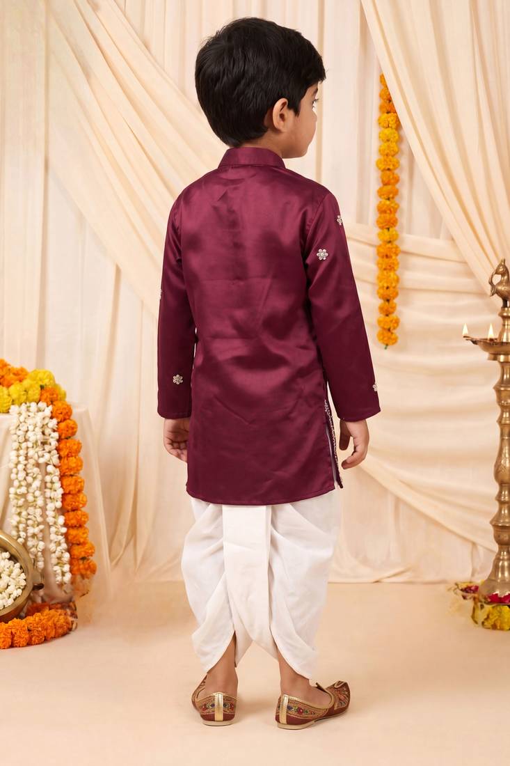 Boys wine satin elephant border embroidered & beaded kurta dhoti set