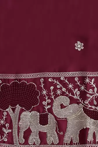 Boys wine satin elephant border embroidered & beaded kurta dhoti set