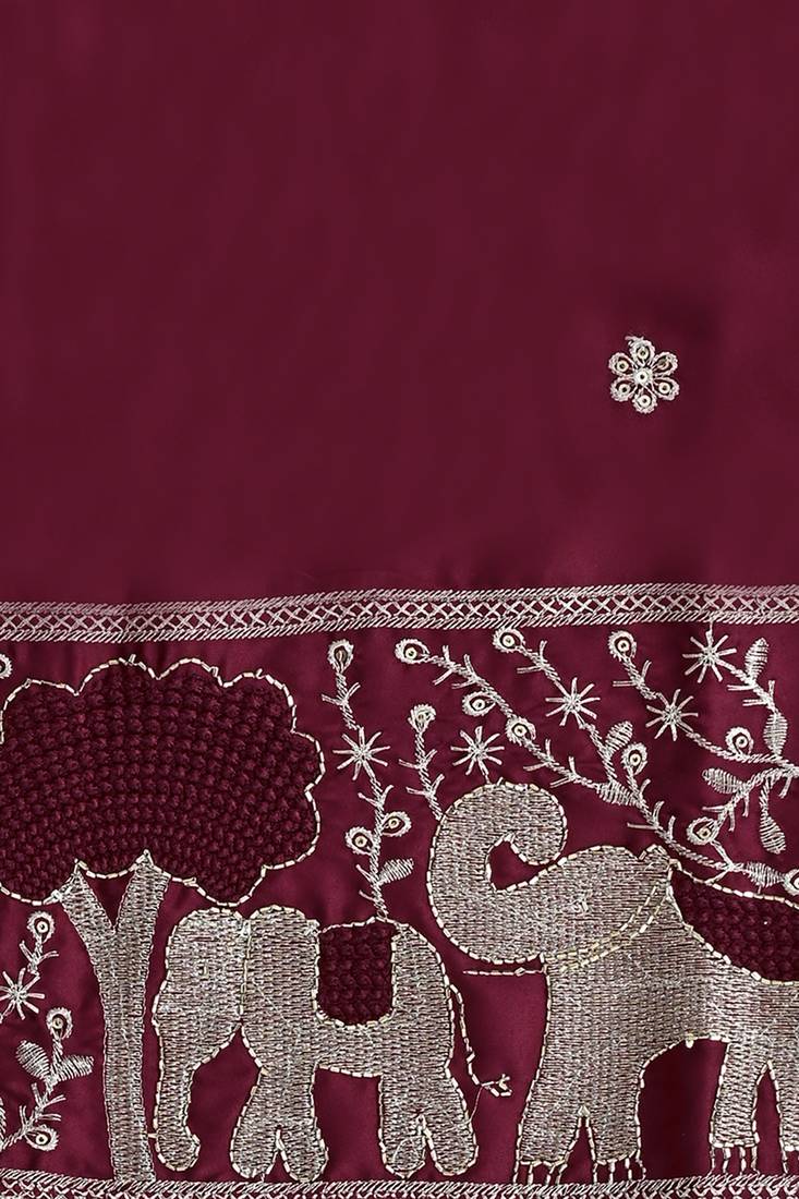 Boys wine satin elephant border embroidered & beaded kurta dhoti set